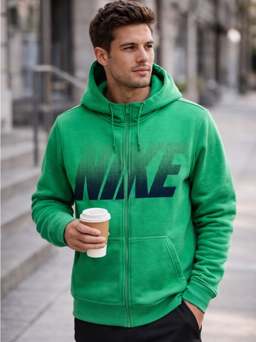 Nike Green Zip-Up Hoodie with Gradient Chest Design – Size Large LIKE NEW